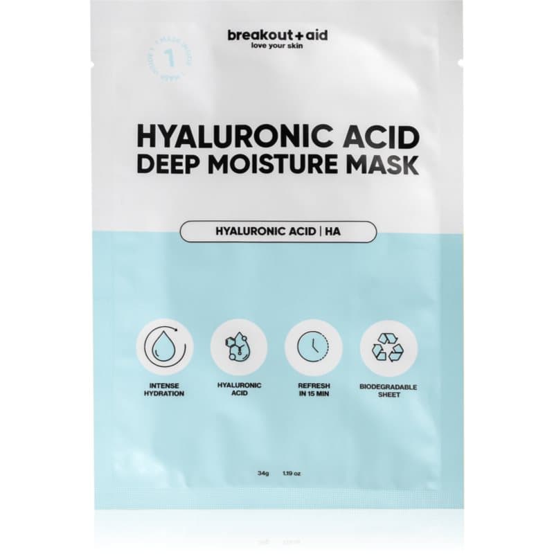 breakout + aid Hyaluronic Acid Deep Moisture Mask hydraterende sheet mask met Hyaluronzuur 34 g