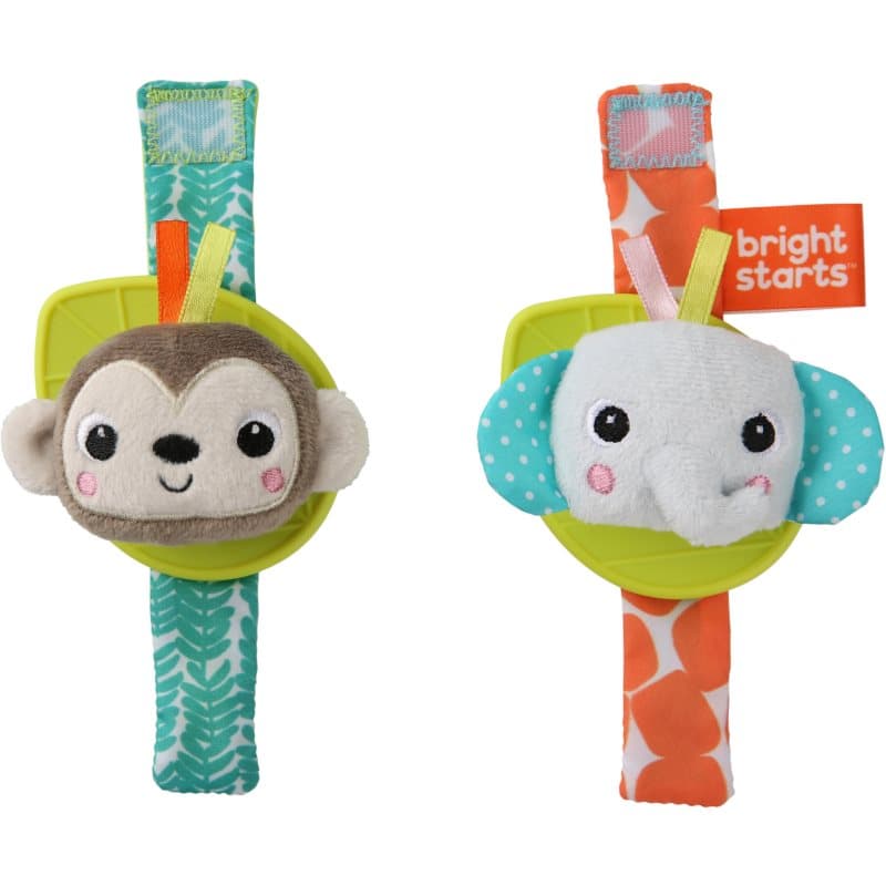 Bright Starts Wrist Pals Toy rammelaar voor op hand met bijtring Monkey & Elephant 0 m+ 2 st
