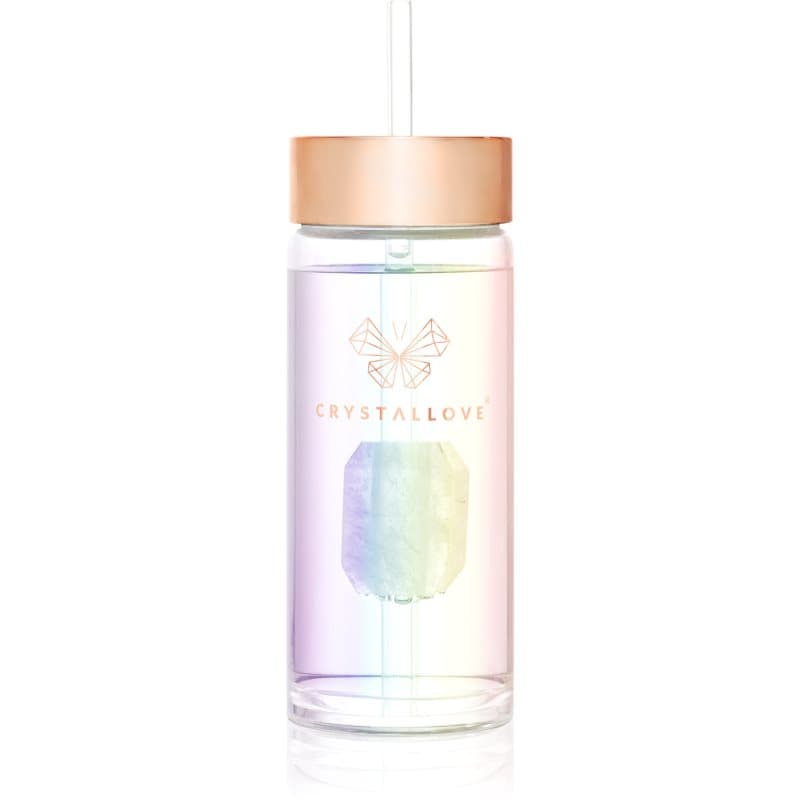 Crystallove Clear Quartz Straw Water Bottle glazen waterfles met rietje Hologram 400 ml