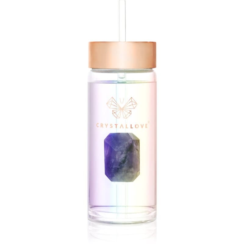 Crystallove Clear Quartz Straw Water Bottle glazen waterfles met rietje Hologram - Amethyst 400 ml