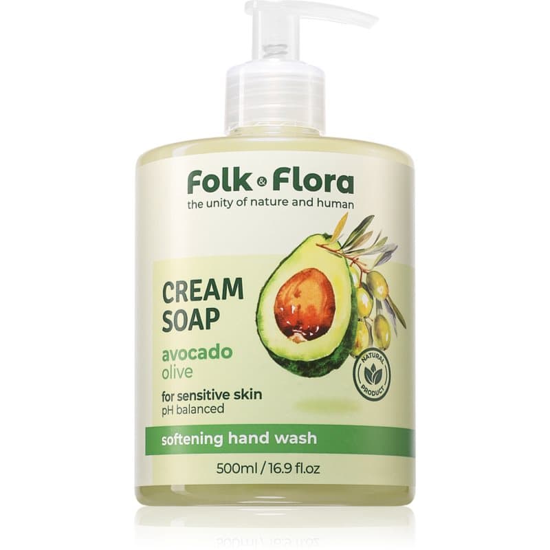 Folk & Flora Avocado & Olive Vloeibare Zeep voor Gevoelige Huid 500 ml