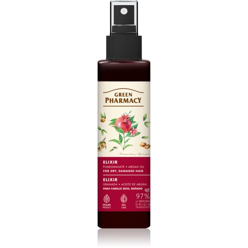 Green Pharmacy Argan Oil & Pomegranate Elixir Leave-In Elixer voor Beschadigd en Broos Haar 150 ml
