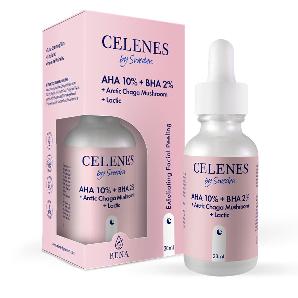 3x Celenes Aha 8% + Bha 2% + Lactic + Arctic Chaga-paddenstoel Serum 30 ml